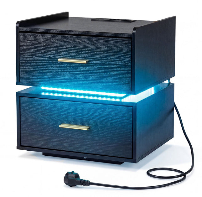 Nachttisch mit LED-Beleuchtung und Ladestation, 2 Schubladen