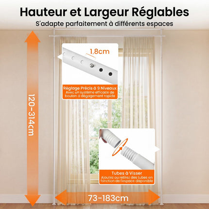 No-Drill White Curtain Rod, 120-314 cm, Room Divider