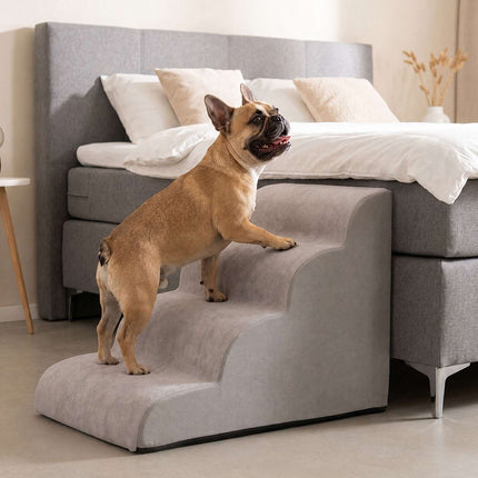 Non-Slip Dog Stairs with 4 Steps and Foam Core, Washable Cover, Grey