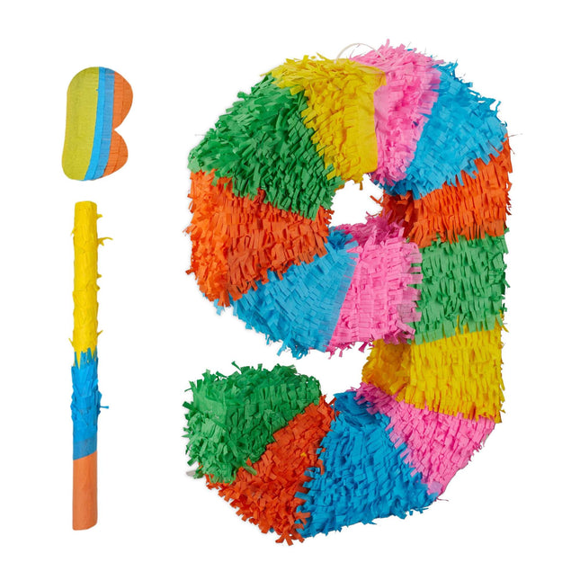 Zahlen-Piñata mit Schlagstock und Augenbinde für Geburtstage