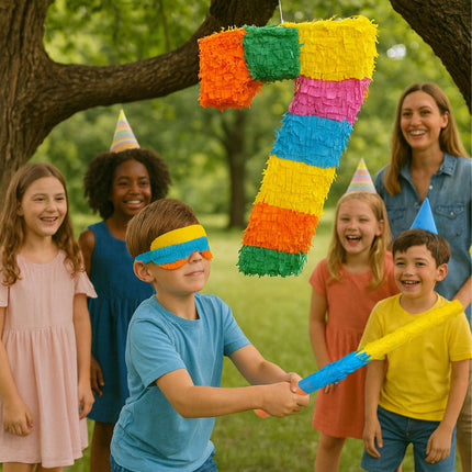 Zahlenpiñata mit Schlagstock und Augenbinde für Partys