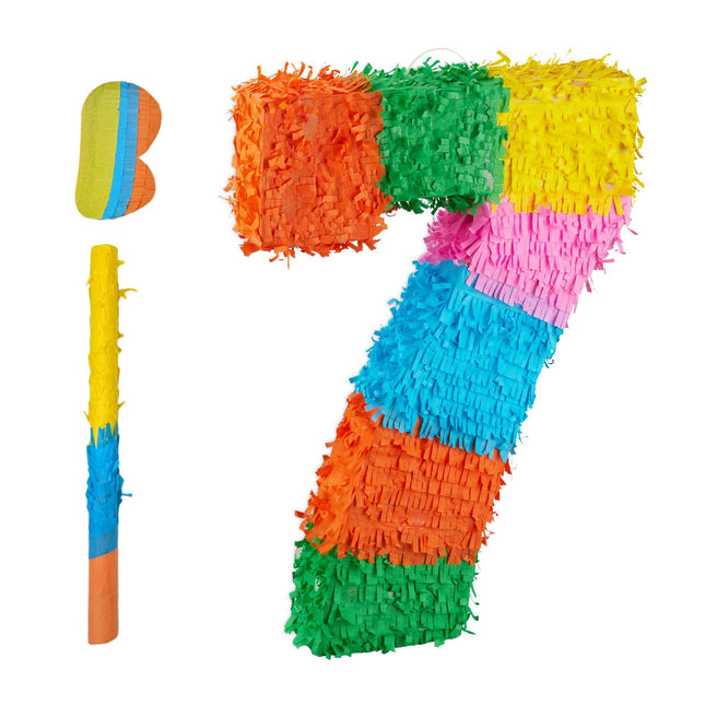 Zahlenpiñata mit Schlagstock und Augenbinde für Geburtstage