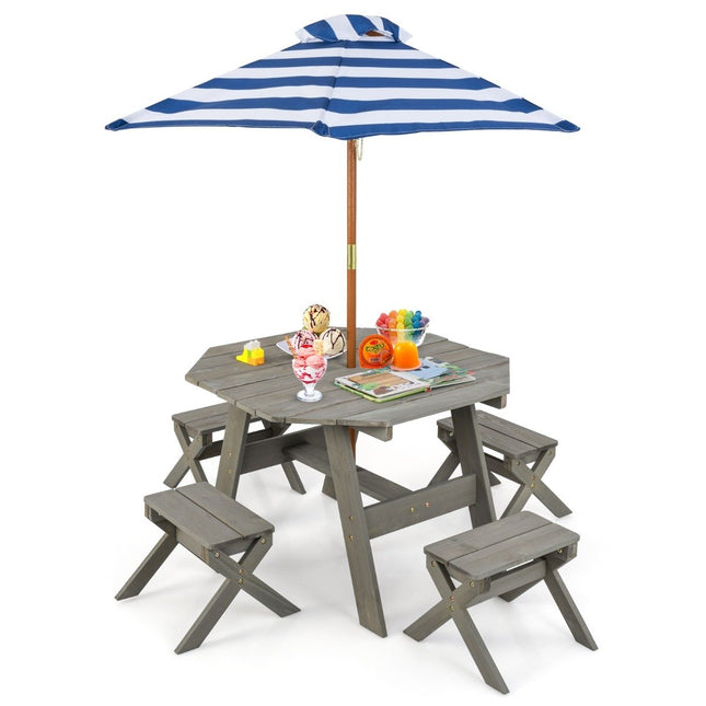 Achteckiger Holztisch mit 4 Stühlen und höhenverstellbarem Sonnenschirm, Picknicktisch, grau