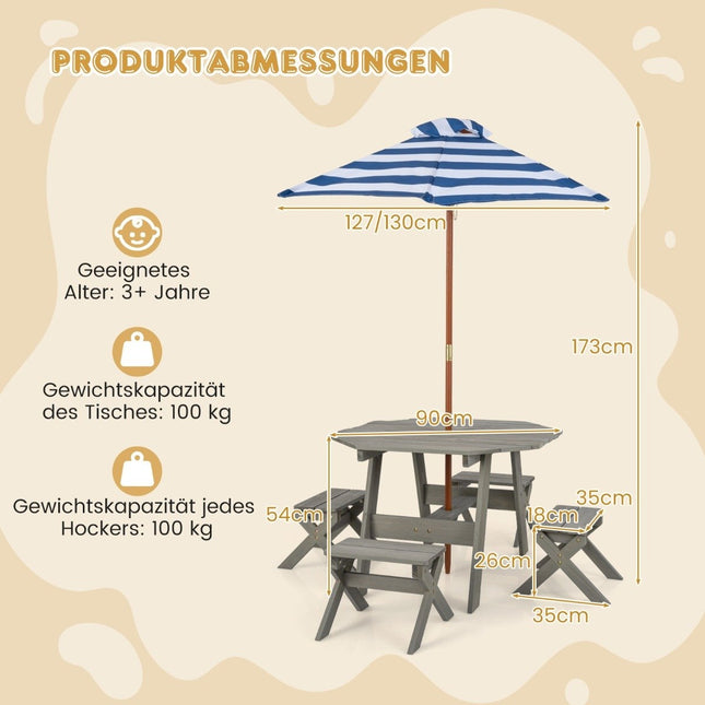 Achteckiger Holztisch mit 4 Stühlen und höhenverstellbarem Sonnenschirm, Picknicktisch, grau