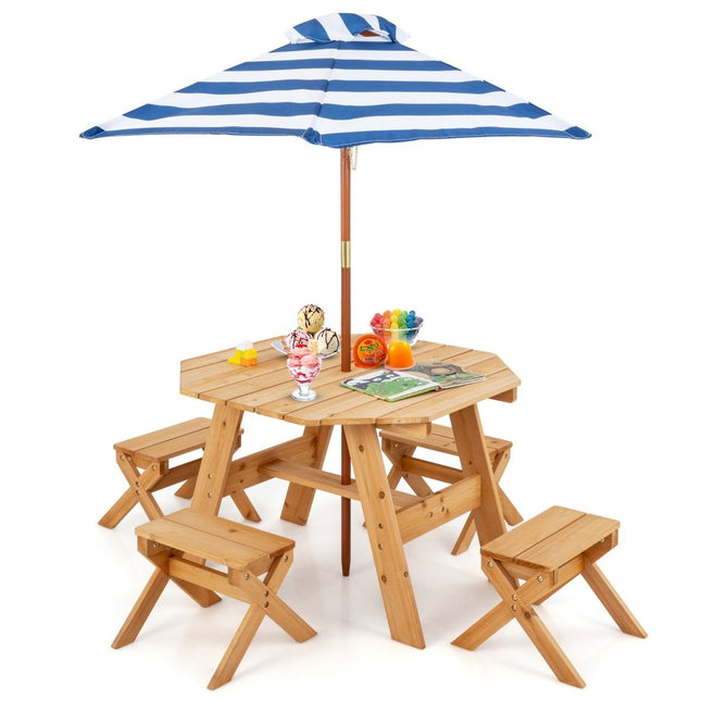 Achteckiges Holz-Tischset mit 4 Stühlen &amp; höhenverstellbarem Sonnenschirm Picknicktisch natur