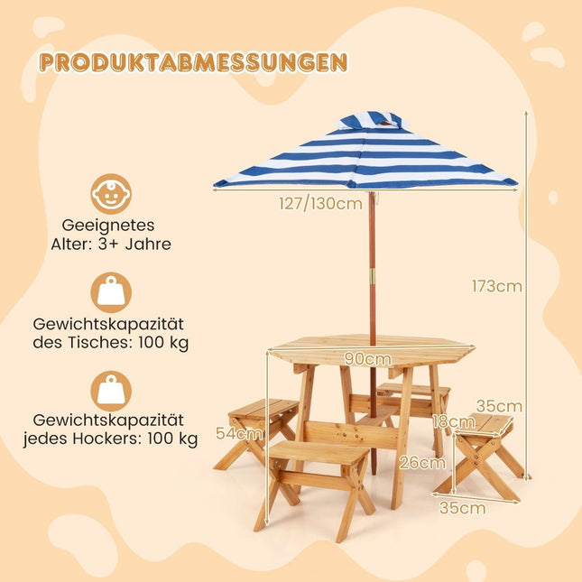 Achteckiges Holz-Tischset mit 4 Stühlen &amp; höhenverstellbarem Sonnenschirm Picknicktisch natur