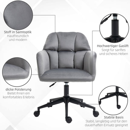 Ergonomic velvet office chair, height adjustable, grey