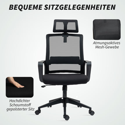 Bureaustoel Ergonomische bureaustoel met armleuning, verstelbare hoofdsteun, in hoogte verstelbare mesh-draaistoel met schommelfunctie, zwart