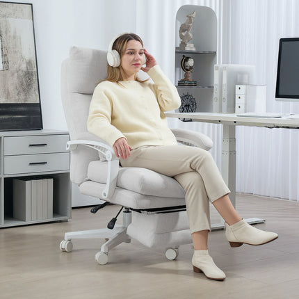 Ergonomischer Bürostuhl mit Lordosenstütze, Leinen, Creme