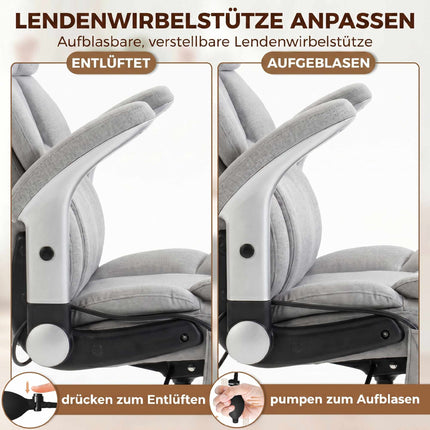 Bürostuhl, aufblasbare Lordosenstütze, hochklappbare Armlehnen, Hellgrau