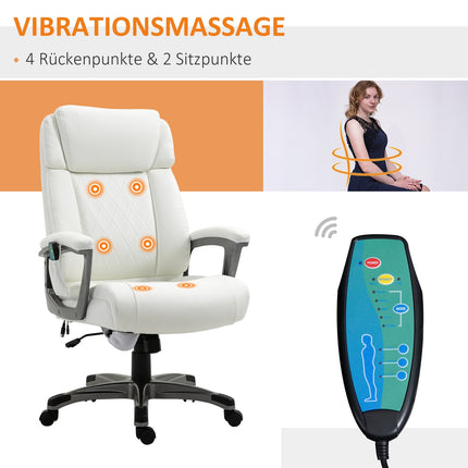 Bureaustoel Met 6 Massagepunten Ergonomische Draaistoel Met Gebogen Hoofdsteun En Armleuning Verstelbaar Kunstleer Wit 70X76,5X114-124 Cm