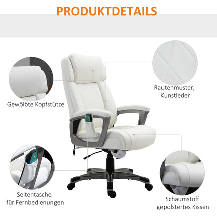 Bureaustoel Met 6 Massagepunten Ergonomische Draaistoel Met Gebogen Hoofdsteun En Armleuning Verstelbaar Kunstleer Wit 70X76,5X114-124 Cm