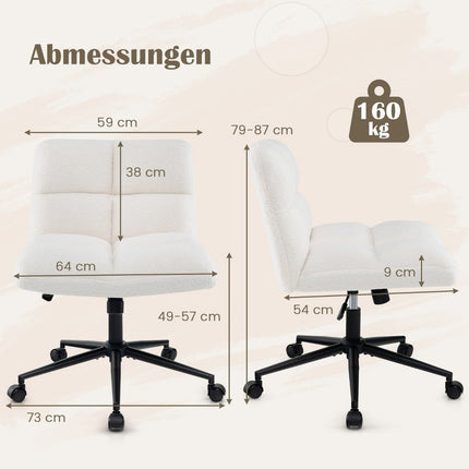 Bürostuhl ohne Armlehnen, breite Sitzfläche, 160kg Tragkraft, Beige