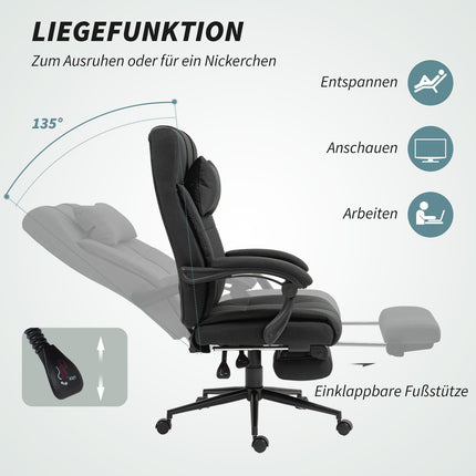 Bürostuhl mit Fußstütze, ergonomischer Drehstuhl, Schwarz