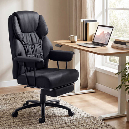 Office Chair with Massage, Recline & Footrest, Black Leather