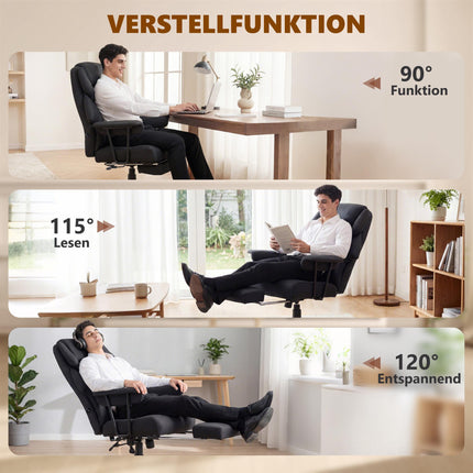 Office Chair with Massage, Recline & Footrest, Black Leather