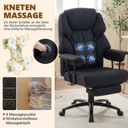Office Chair with Massage, Recline & Footrest, Black Leather