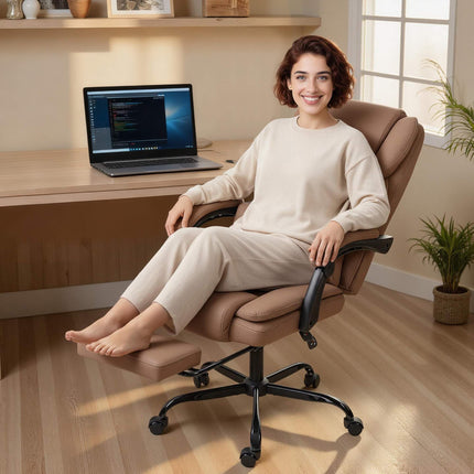 Office Chair with Pet-Friendly Leather, Footrest, Adjustable, Brown