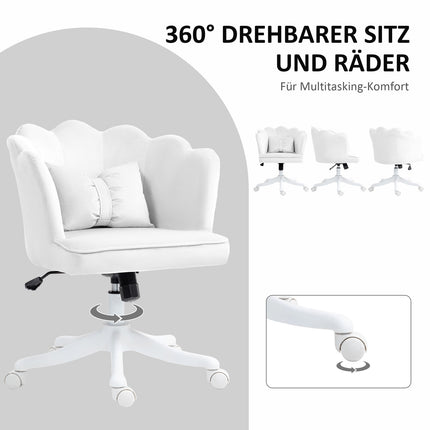 Weißer Bürostuhl mit Samtbezug, Rollen und Armlehnen
