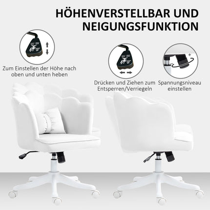 Weißer Bürostuhl mit Samtbezug, Rollen und Armlehnen