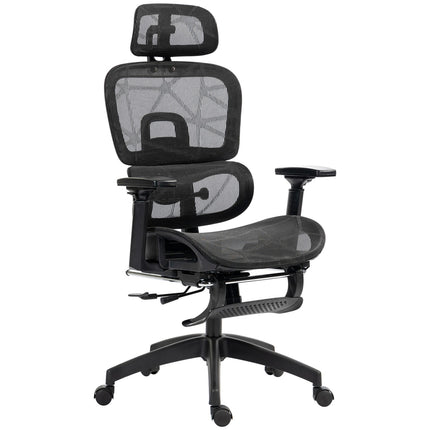 Chaise de bureau ergonomique avec accoudoirs, appui-tête, soutien lombaire, chaise pivotante en maille réglable en hauteur avec fonction bascule, fonction inclinable, repose-pieds noir