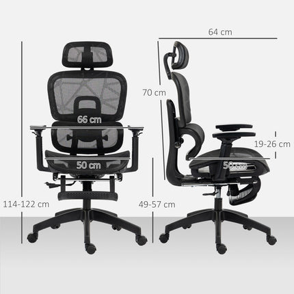 Chaise de bureau ergonomique avec accoudoirs, appui-tête, soutien lombaire, chaise pivotante en maille réglable en hauteur avec fonction bascule, fonction inclinable, repose-pieds noir