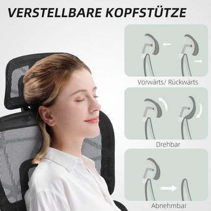 Chaise de bureau ergonomique avec accoudoirs, appui-tête, soutien lombaire, chaise pivotante en maille réglable en hauteur avec fonction bascule, fonction inclinable, repose-pieds noir