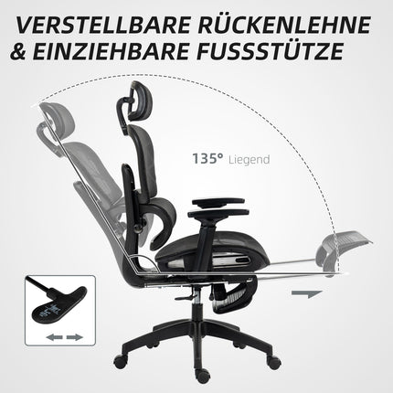 Chaise de bureau ergonomique avec accoudoirs, appui-tête, soutien lombaire, chaise pivotante en maille réglable en hauteur avec fonction bascule, fonction inclinable, repose-pieds noir