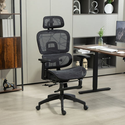 Chaise de bureau ergonomique avec accoudoirs, appui-tête, soutien lombaire, chaise pivotante en maille réglable en hauteur avec fonction bascule, fonction inclinable, repose-pieds noir