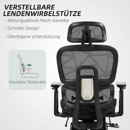Chaise de bureau ergonomique avec accoudoirs, appui-tête, soutien lombaire, chaise pivotante en maille réglable en hauteur avec fonction bascule, fonction inclinable, repose-pieds noir