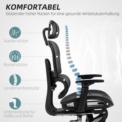 Chaise de bureau ergonomique avec accoudoirs, appui-tête, soutien lombaire, chaise pivotante en maille réglable en hauteur avec fonction bascule, fonction inclinable, repose-pieds noir