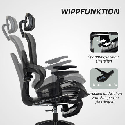 Chaise de bureau ergonomique avec accoudoirs, appui-tête, soutien lombaire, chaise pivotante en maille réglable en hauteur avec fonction bascule, fonction inclinable, repose-pieds noir
