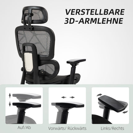 Chaise de bureau ergonomique avec accoudoirs, appui-tête, soutien lombaire, chaise pivotante en maille réglable en hauteur avec fonction bascule, fonction inclinable, repose-pieds noir