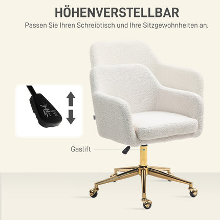 Bureaustoel, in hoogte verstelbare bureaustoel, relaxstoel met stalen frame, draaistoel met fluwelen look, voor kantoor, studeerkamer, crèmewit