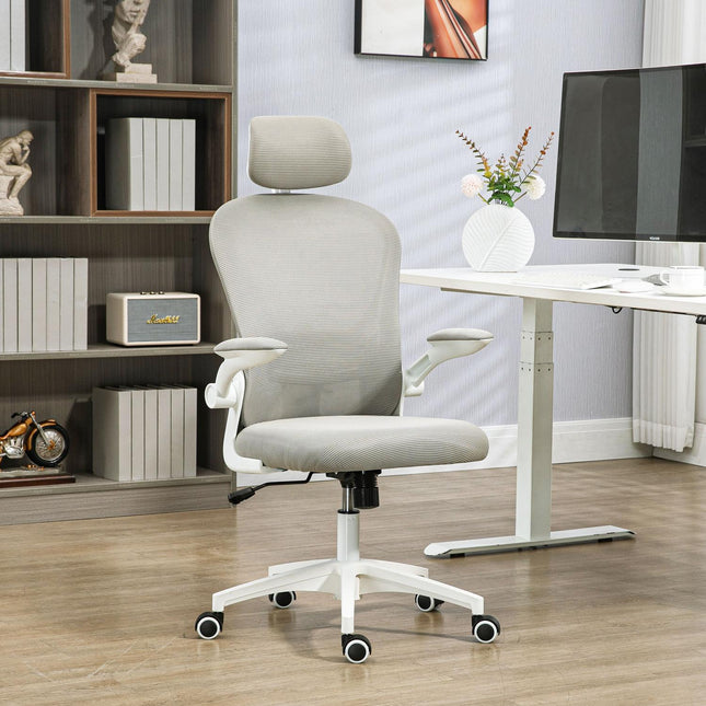 Ergonomischer Bürostuhl, verstellbare Kopfstütze, grau