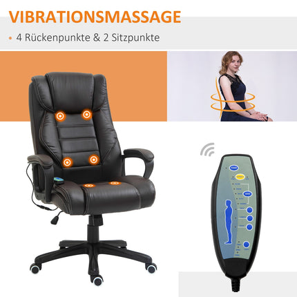 Kancelářská židle s masážní funkcí, výškově nastavitelná ředitelská židle, ergonomická otočná židle, 6 vibračních bodů, hnědá
