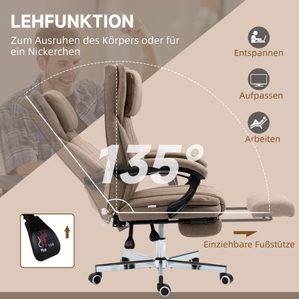 Bürostuhl mit Massagefunktion, Liegefunktion und Fußstütze, braunes Leinen