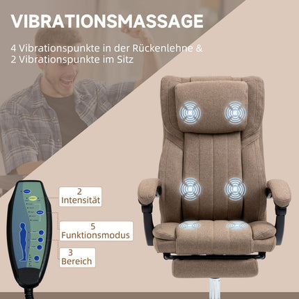 Bürostuhl mit Massagefunktion, Liegefunktion und Fußstütze, braunes Leinen