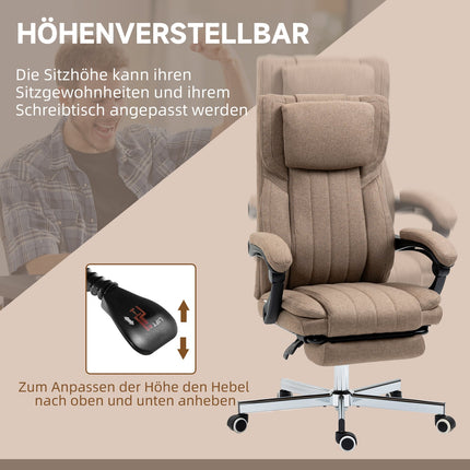 Bürostuhl mit Massagefunktion, Liegefunktion und Fußstütze, braunes Leinen