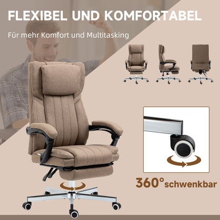 Bürostuhl mit Massagefunktion, Liegefunktion und Fußstütze, braunes Leinen