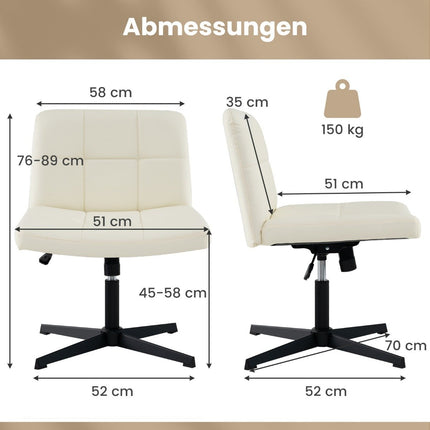 Bureaustoel zonder armleuningen Bureaustoel met brede zitting & kantelfunctie kunstleer voor thuiskantoor beige
