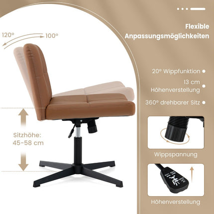Bürostuhl ohne Armlehnen Schreibtischstuhl mit breiter Sitzfläche &amp; Wippfunktion Kunstleder fürs Homeoffice Braun