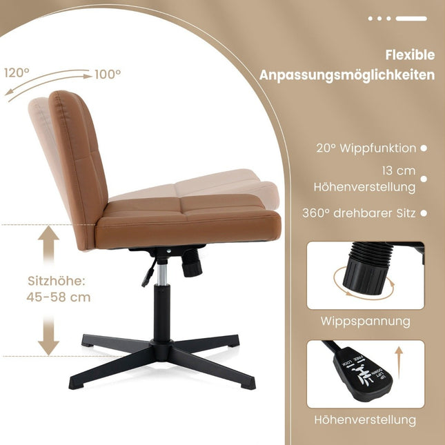 Bürostuhl ohne Armlehnen Schreibtischstuhl mit breiter Sitzfläche &amp; Wippfunktion Kunstleder fürs Homeoffice Braun