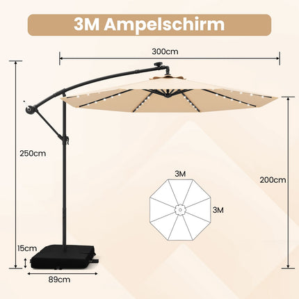 Offset Patio Umbrella 300cm with Solar LED Lights, Beige