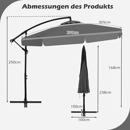 Ampelschirm 305 cm mit Schutzhülle und Kurbel, Grau