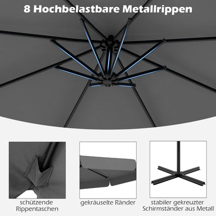 Ampelschirm 305 cm mit Schutzhülle und Kurbel, Grau