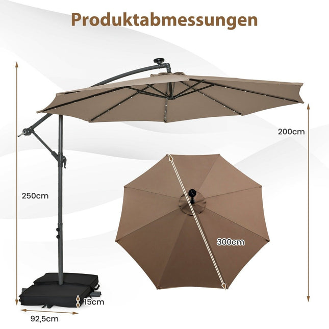 Ampelschirm, 3m, Solar-LED, UV-Schutz, Braun