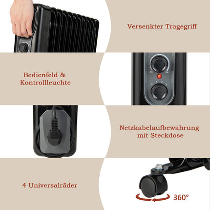 Ölradiator 2500W, 3 Heizstufen, Schwarz