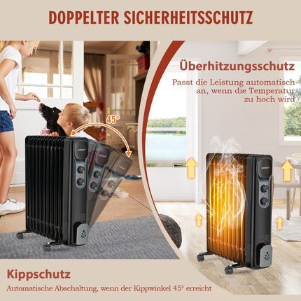 Ölradiator 2500W, 3 Heizstufen, Schwarz