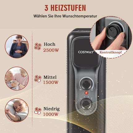 Ölradiator 2500W, 3 Heizstufen, Schwarz